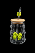 Elegant Ribbed Glass Tumbler with Bamboo Lid & Glass Straw – Green Bow Design | 450ml