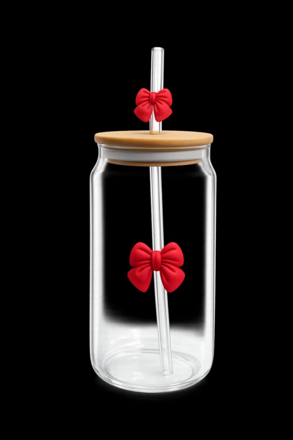 Cute Red Bow Glass Tumbler with Bamboo Lid & Glass Straw